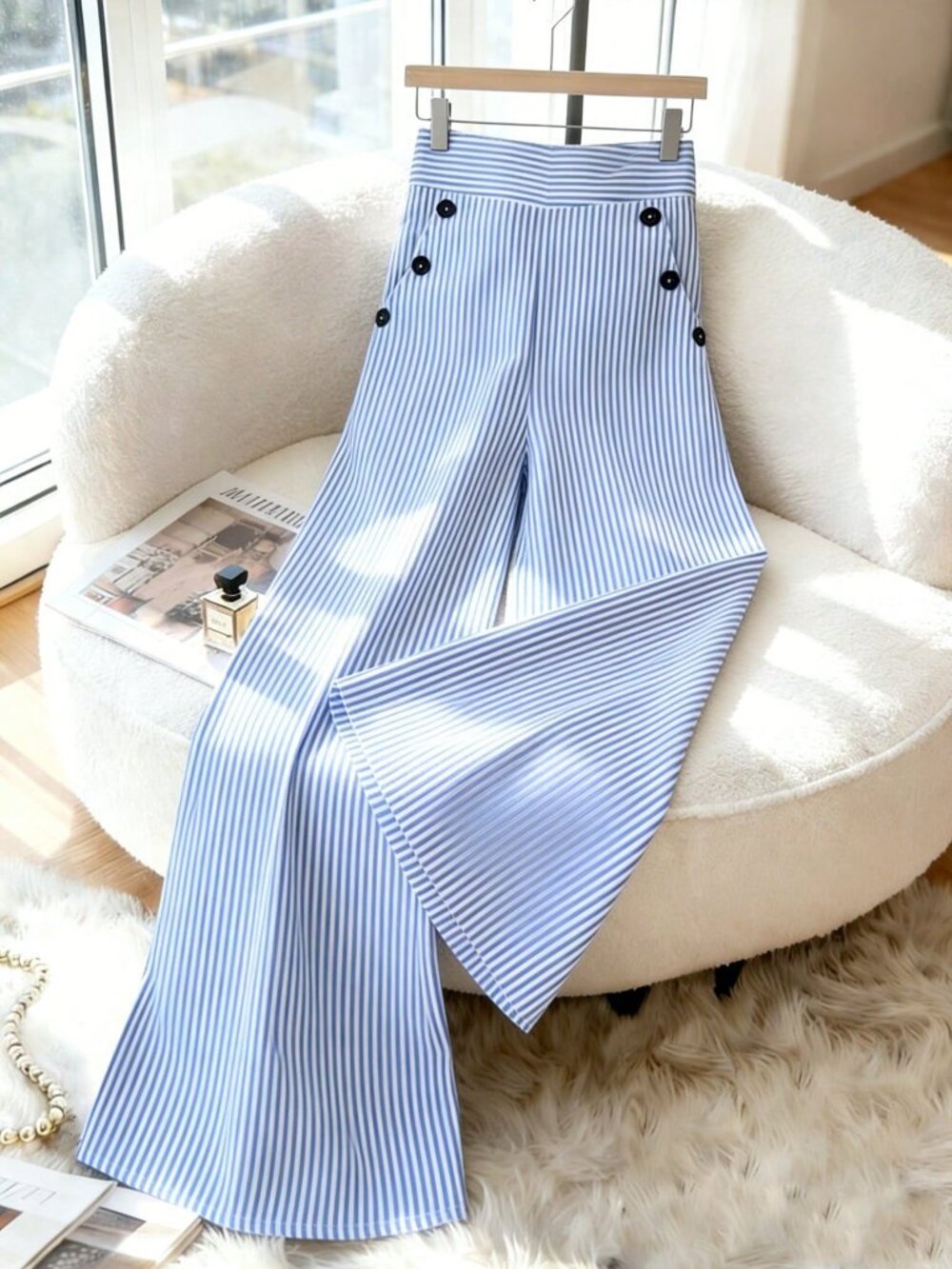 Blue And White Elegant Women's High-Waisted Slim Straight Pants - Picture 7 of 7